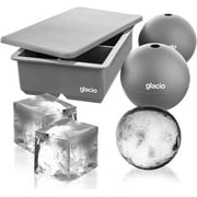 glacio Ice Cube Molds - Jumbo Square Cube Tray with Lid and 2 Large Sphere Molds - Silicone Ice Molds