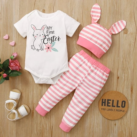 

Emmababy Easter Days Baby Boys Girls Outfits Clothes Set Rabbit Letter Short Sleeve Romper Long Pants Hat