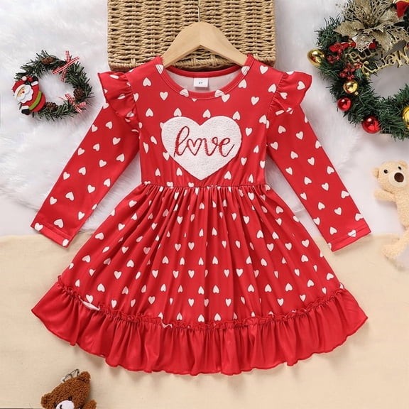 ZEHJUHAN Toddler Girls' Cute "LOVE" Embroidered Dress Round Neck Long Sleeve Ruffle Hem A-Line Princess Dress Red,12-18M