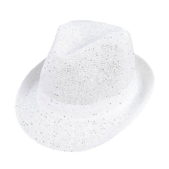 Yoetaun Mardi Gras Sequins Fedoras Hat for Adult Unisex Masquerade Carnivals Mesh Hat Performances Hat with Rolled up Brim White