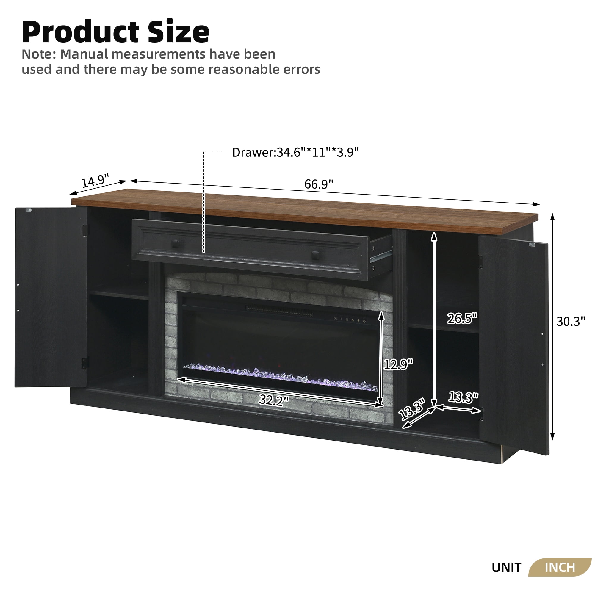 Mintazer Farmhouse Electric Fireplace TV Stand for TVs Up to 70", Entertainment Center with 2 Storage Cabinets & Large Drawer and Adjustable Shelves for Living Room, Black