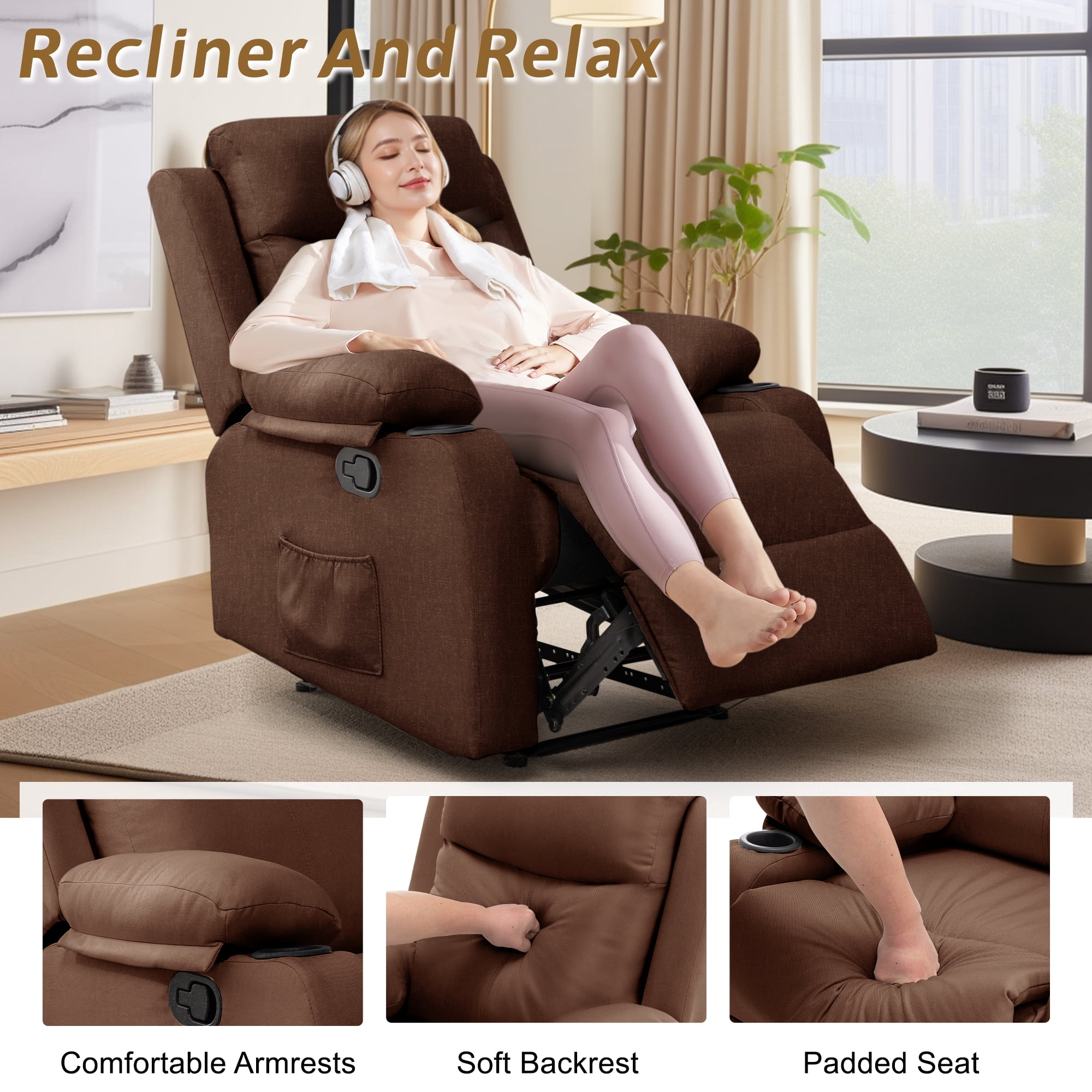 Korser Manual Small Recliner Chair with Fixed Base for Small Spaces Linen Fabric for Living Room,Brown