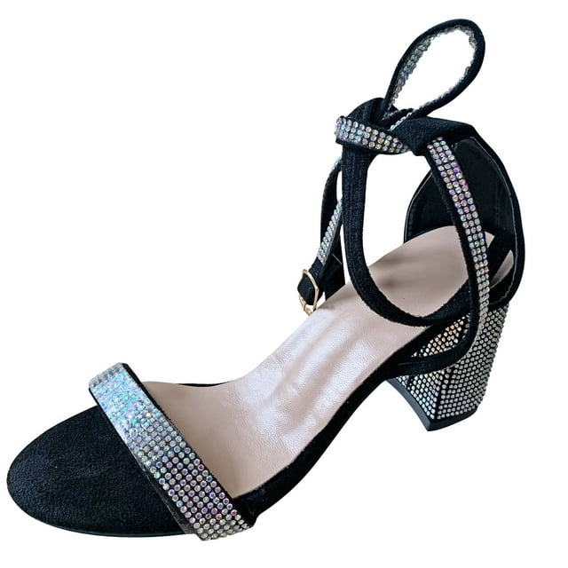 EQWLJWE Heels for Women Rough Heel High Heel Buckle With Exposed Toe Female Sequin Sandals Wedding party