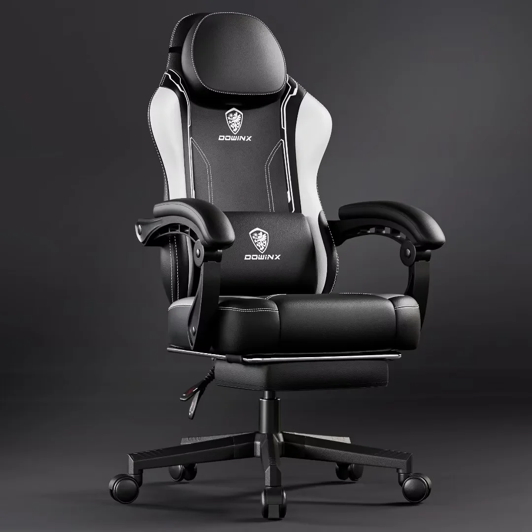 Dowinx Gaming Chair with Pocket Spring Cushion for Adults, Ergonomic Computer Chair with Footrest and Massage Lumbar Support for Office, Gaming, 300LBS, White