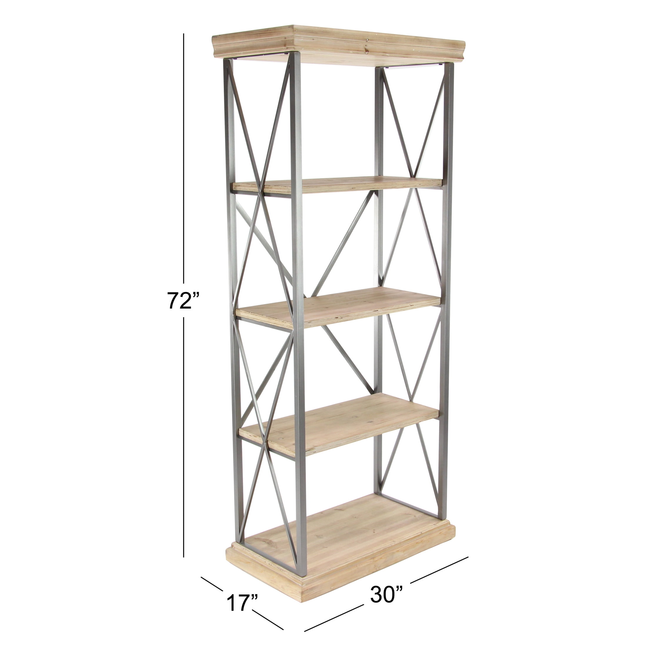 DecMode 30" x 72" Light Brown Wood 4-Tier Shelving Unit with Gray Metal X-Frame, 1-Piece