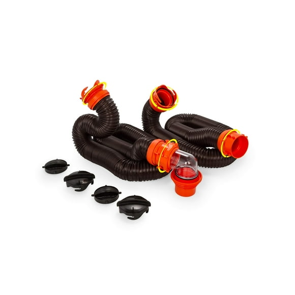 Camco 20' (39742) RhinoFLEX 20-Foot RV Sewer Hose Kit, Swivel Transparent Elbow with 4-in-1 Dump Station Fitting-Storage Caps Included , Black , Brown