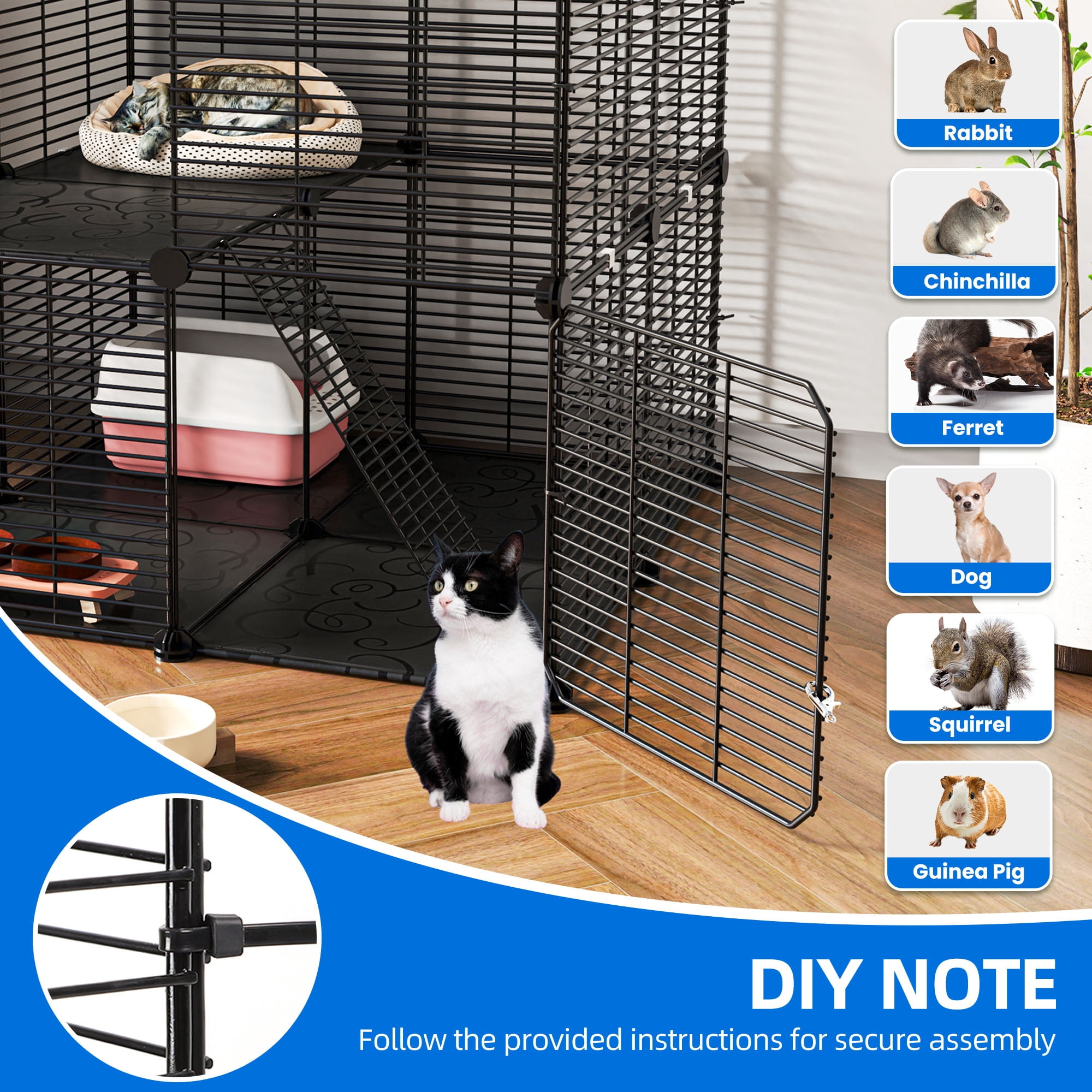 Uforic 2 Tier Cat Cage, Indoor Cat Enclosure DIY Cat Playpen Metal Kennel for 1-2 Cats,28"L x 28"W x 28"H,Black