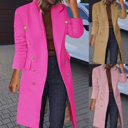 Juebong Elegant Long Pea Coats for Women Lapel Collar Single Breasted Casual Blazer Fall Work Peacoat Jacket Winter Mid Long Overcoat Khaki XXXL