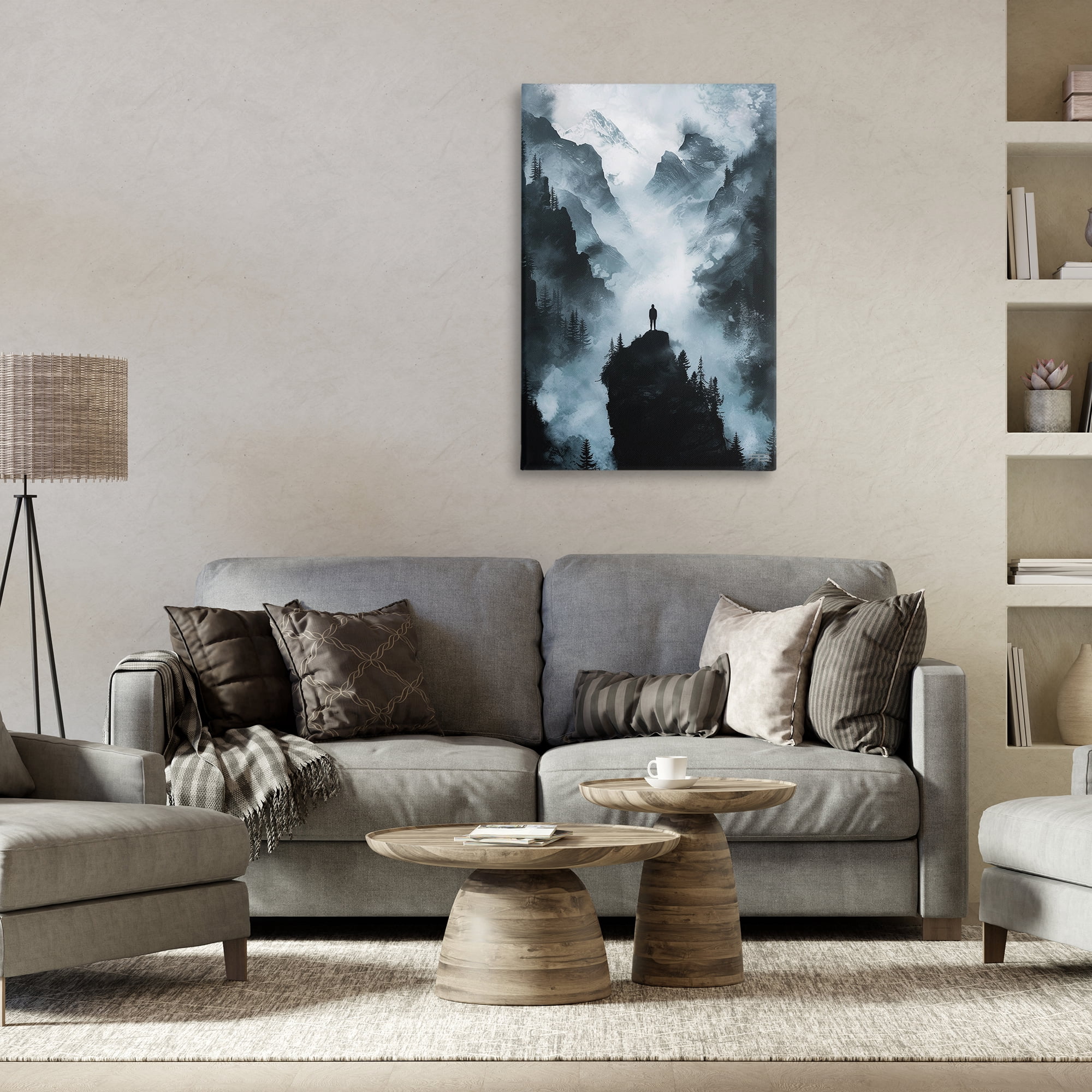 Stupell Industries Man on Intense Cliff Landscape & Nature Painting Wrapped Canvas Art Print Wall Art, 24 x 36