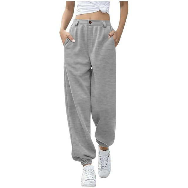 Enjoytime Women's Pants Solid Color High Waisted Button Trousers Loose Travel Workout Sweatpants with Pockets Gray L