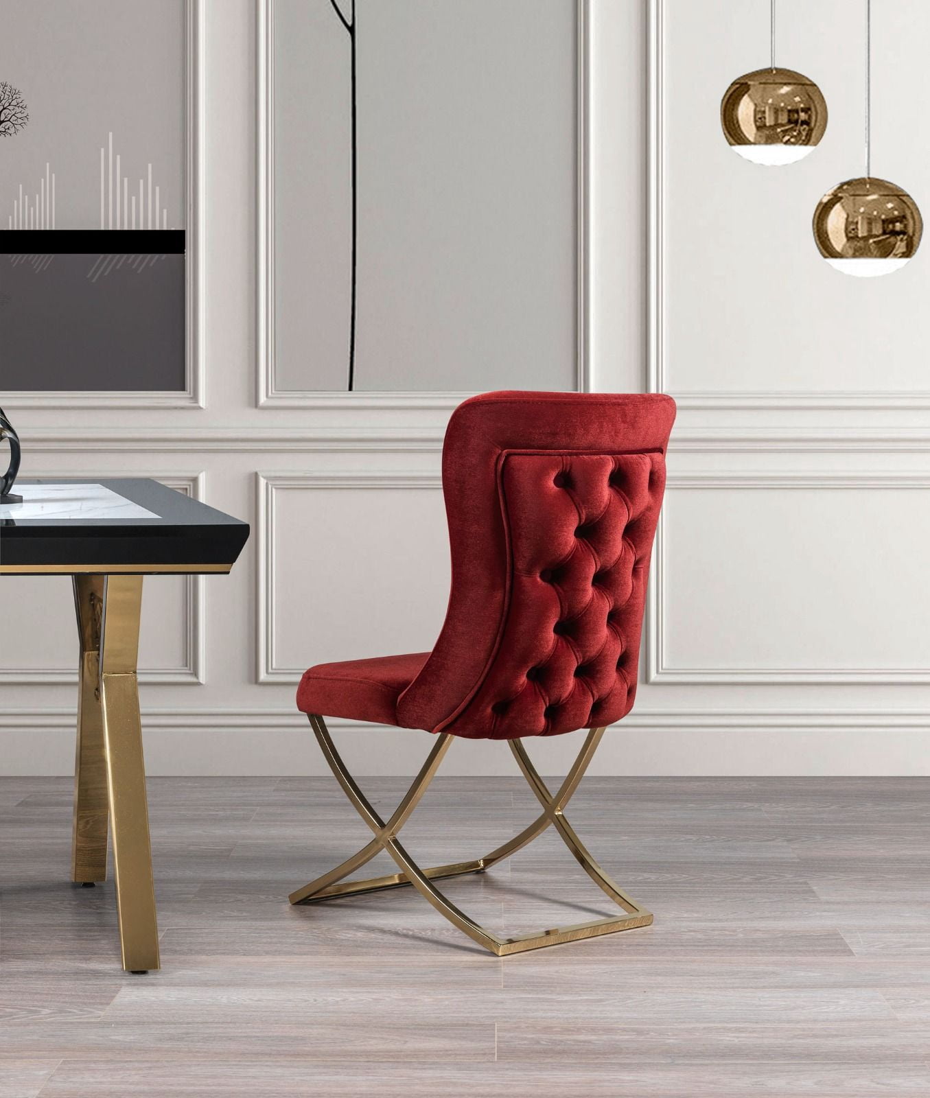 Ottomanson Royal Upholstered Modern Gold Legged Dining Chair, Set of 2, Burgundy
