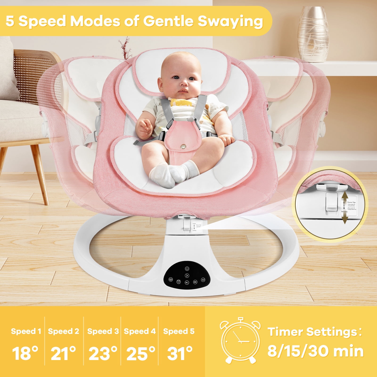 Baby Swing for Infants 0-18 Months, 5 Speed Bluetooth Bouncer with 10 Lullabies, Portable Infant Swing Chair with Detachable Toys & Mosquito Net, Lightweight for Home & Travel, Pink