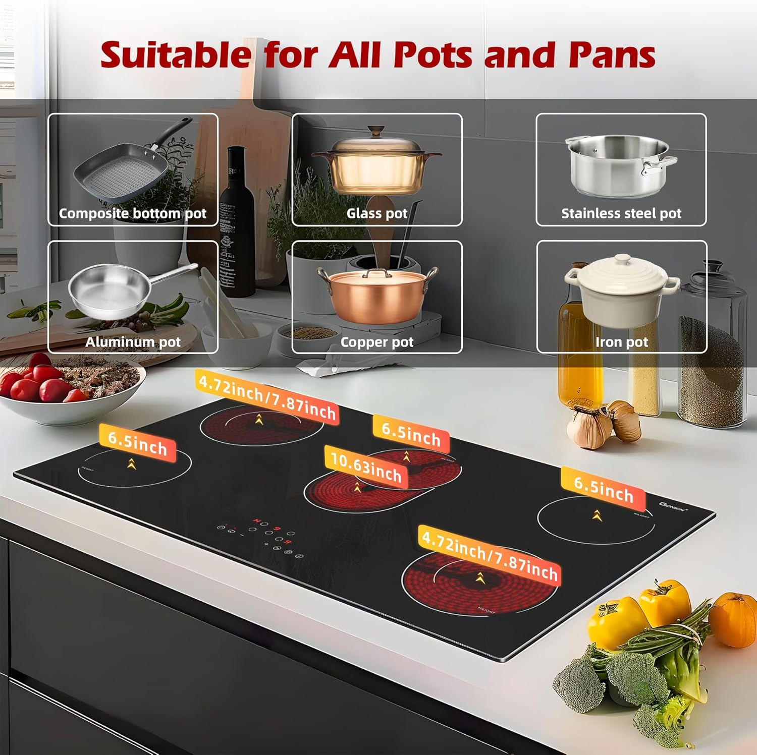 GIONIEN 36 Inch Electric Cooktop, 8400W Built-in Ceramic Stove with 5 Burners & Double Ring Zones, 220~240V Hardwired Drop-in Electric Stove Top, Touch Control, 9 Power Levels, Timer, Child Lock