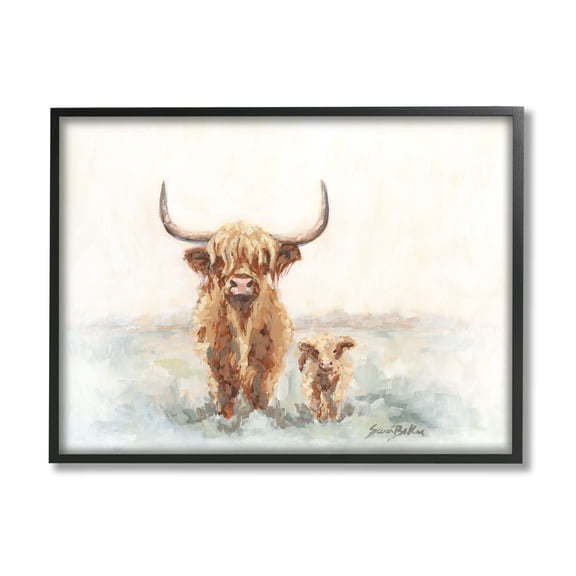 Stupell Highland Cattle & Baby Calf Rural Animals & Insects Painting Black Framed Art Print Wall Art