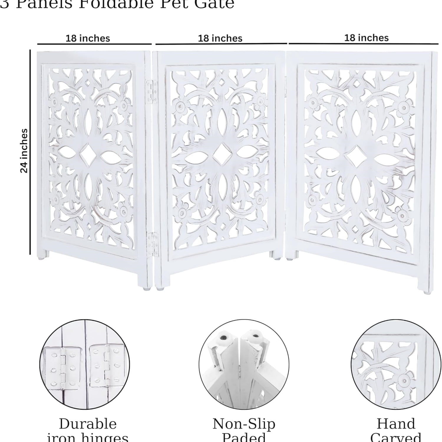 Lightnpro Foldable Carved Wooden Dog Gate - Freestanding Indoor Pet Safety Barrier, Adjustable Decorative Dog Fence for Stairs, Doorways & Hallways - 24x18 Inch Antique White