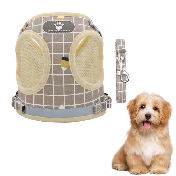 Chaleco con arnés de malla suave y transpirable para mascotas, chaleco acolchado a cuadros reflectante, conjunto de arnés y correa para perros de entrenamiento (caqui)