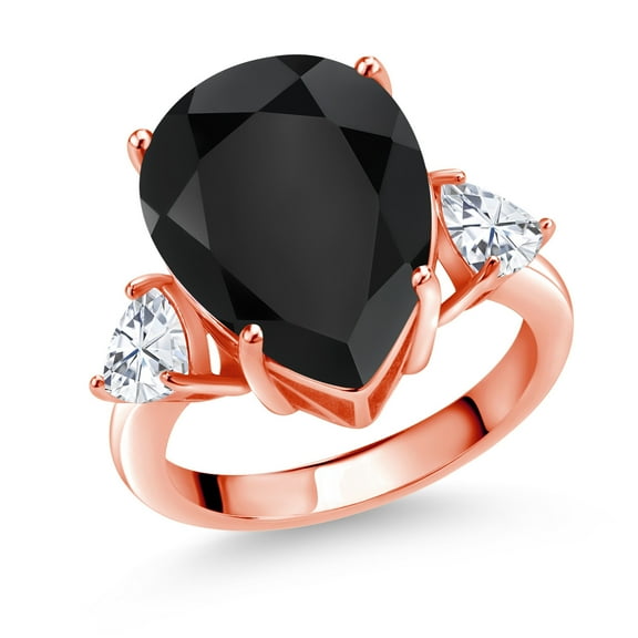 Gem Stone King 18K Rose Gold Plated Silver 3-Stone Ring Pear Shape Black Onyx and Moissanite (8.31 Cttw, Size 8)