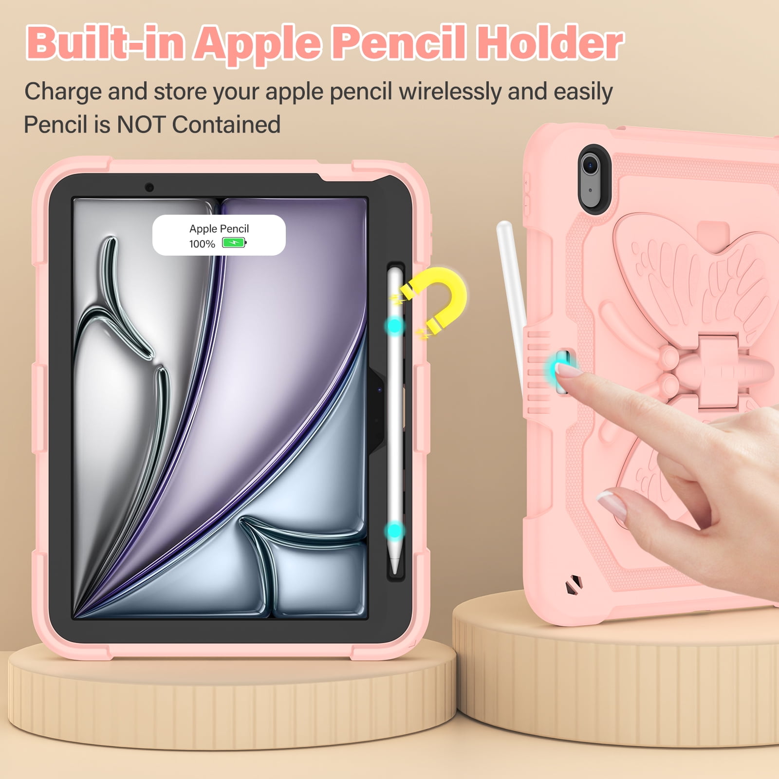 Dteck Kids Case for iPad Air 11 inch M2 2024,iPad Air 11 inch 2025 M3 Butterfly Kickstand Silicone Case Shockproof Armor Built-in Pencil Holder Kids Friendly Cover with Shoulder Strap,Pink
