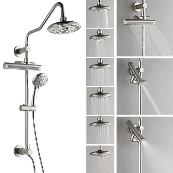 FORNO ACQUA Shower System 6-Mode Shower Head, 5-Mode Handheld & 3-Mode Waterfall Body Jet. Brushed Nickel, 1.8 GPM