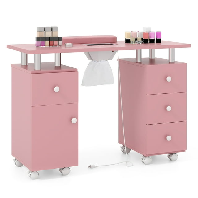 Gymax Manicure Table Nail Desk w/ Electric Dust Collector 3 Dust Bags Wrist Rest Pink