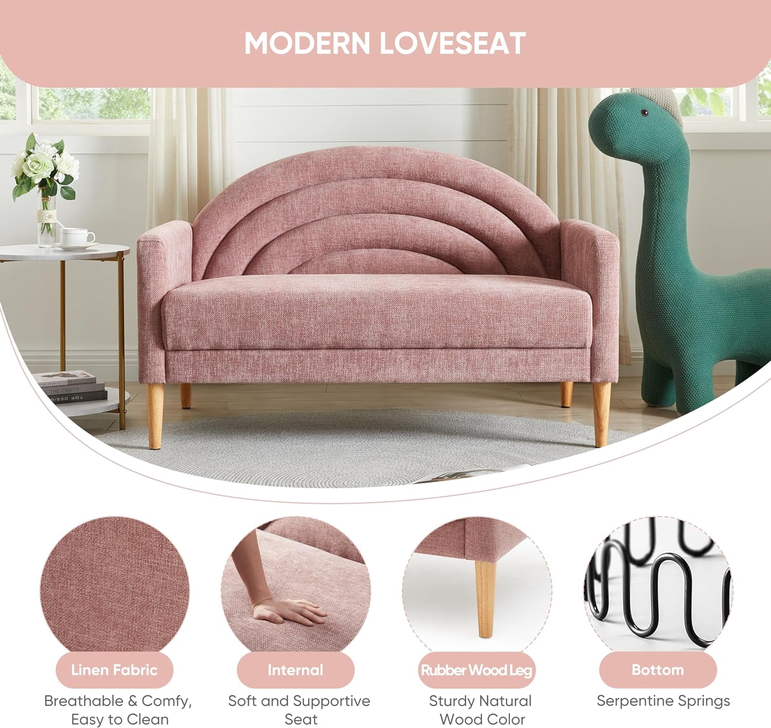 Loveseat Sofa for Small Spaces,49.6" Mid-Century Modern Linen Small Couch with Arched Backrest,2-Seater Upholstered Settee,600 lbs Capacity,Pink