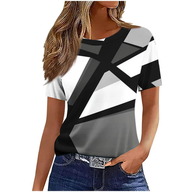 Pisexur Hauts pour Femmes, Hauts de Printemps pour Femmes 2025, Hauts pour Dames, T-shirt Imprimé Décontracté et Tendance pour Femmes avec Col Rond et Manches Courtes Gris, G
