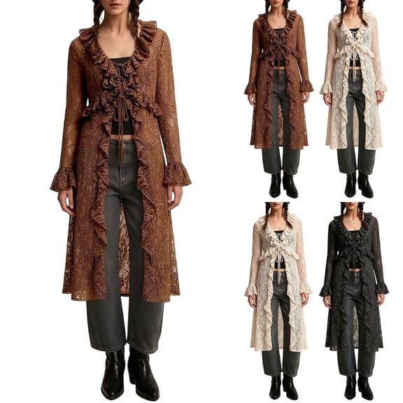 Liweisiy Women Long Cardigan Lace Ruffle Trim V Neck Tie Front Flare Cuff Coat Boho Sheer Maxi Cover Up Coffee L