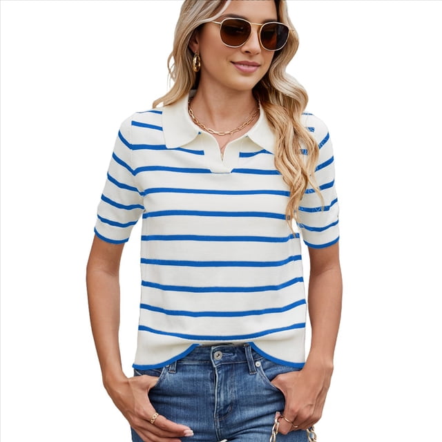 de Punto A Rayas de Corta para Mujer, Camiseta Corta con Cuello en V Vintage, Corte Entallado, Estética para Salir. Azul L