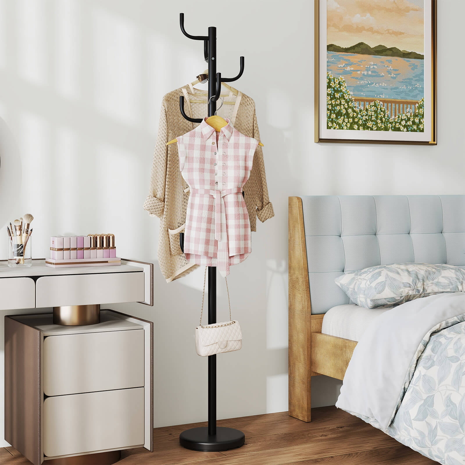 Costway Metal Coat Rack, Black, 8 Hooks, Vertical Design, Stable