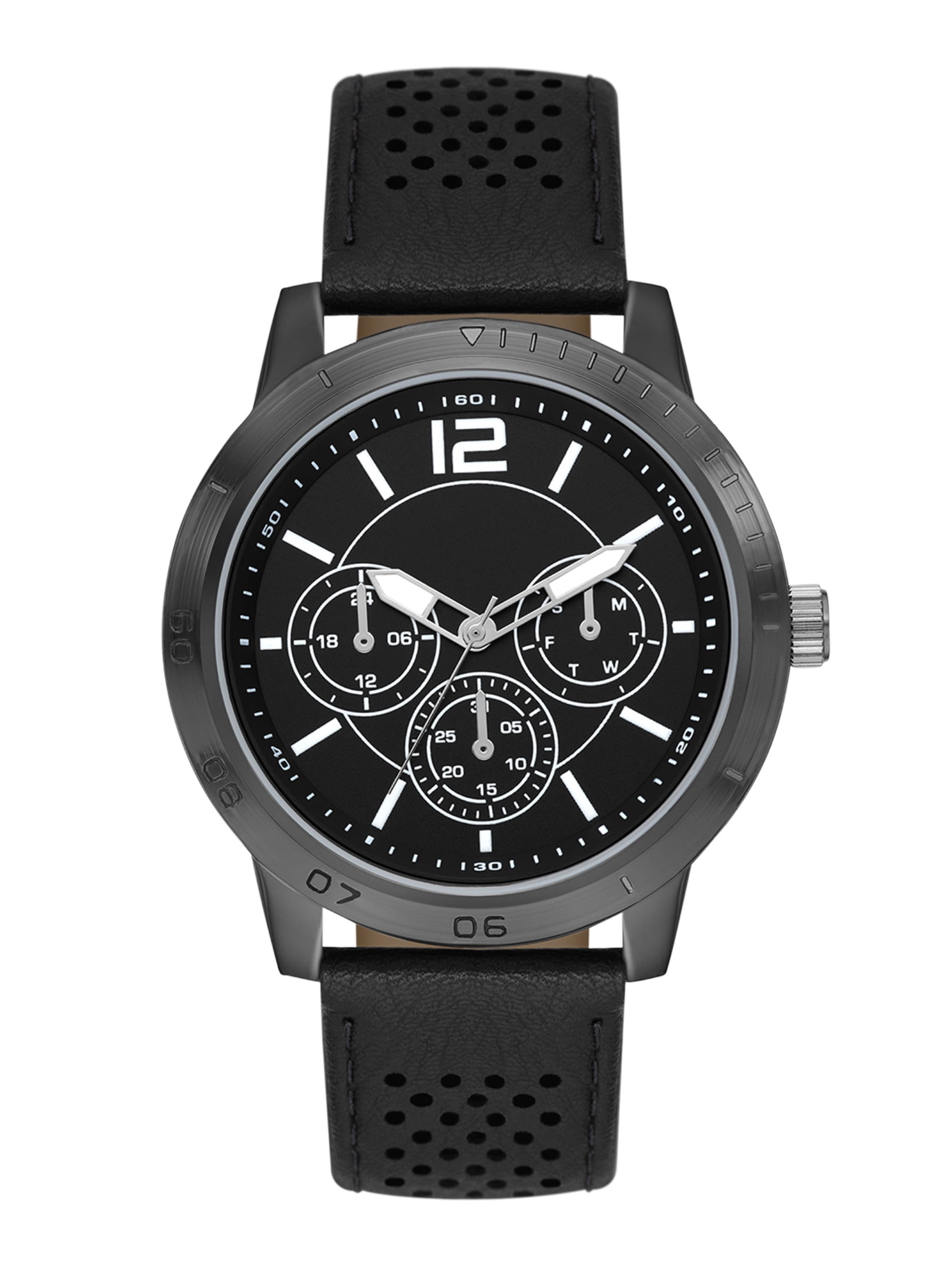 George Men's Watch with Brushed Gunmetal Tone Case, Black dial with 3 Faux Sub Dials and Black Perforated Vegan Leather Band (FMDOGE049)