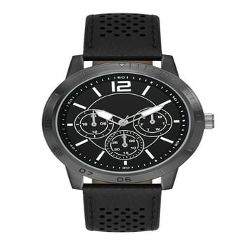 George Men's Watch with Brushed metal Tone Case, Black dial with 3 Faux Sub Dials and Black Perforated Vegan Leather Band (FMDOGE049)