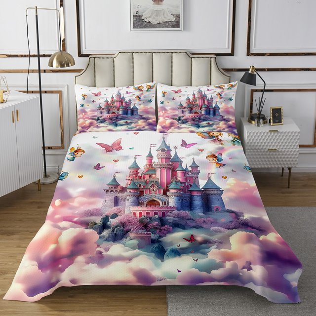 Erosebridal Girly Pink Castle Coverlet Set Queen, Fairy Tale Bedding Set, Princess Style Decor