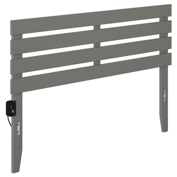 Pemberly Row Farmhouse Solid Wood Queen Headboard w/ USB Turbo Charger in Gray