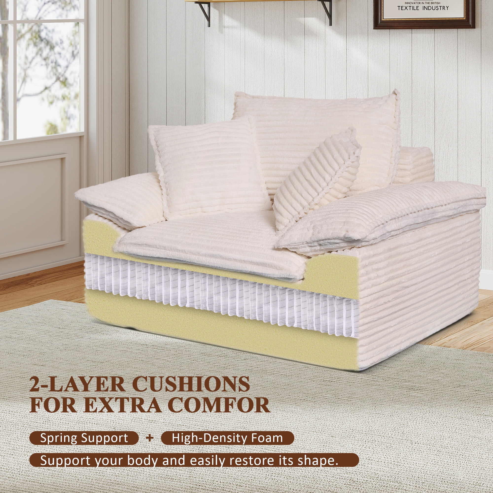 Aukfa 63.5" Oversized Chaise Lounge Sofa with Movable 2-Layer Ottoman, Deep Seat Boneless Couch, Corduroy Lounge Chair, Beige