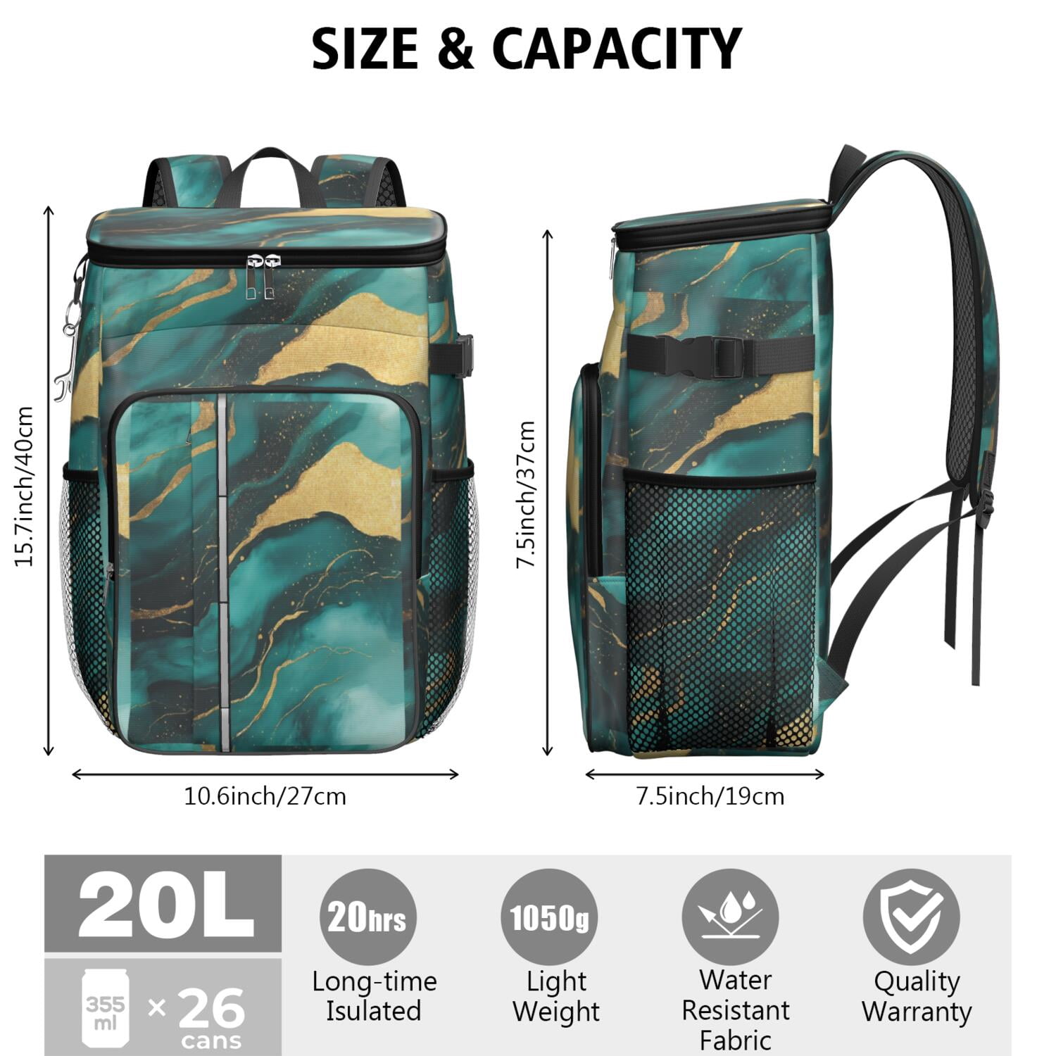 Travel Cooler Bag - Teal Gold Marble Camping Beer Cooler Backpack with Bottle Opener- Waterproof Insulated Picnic Backpacks - Cooler Bag for Beach