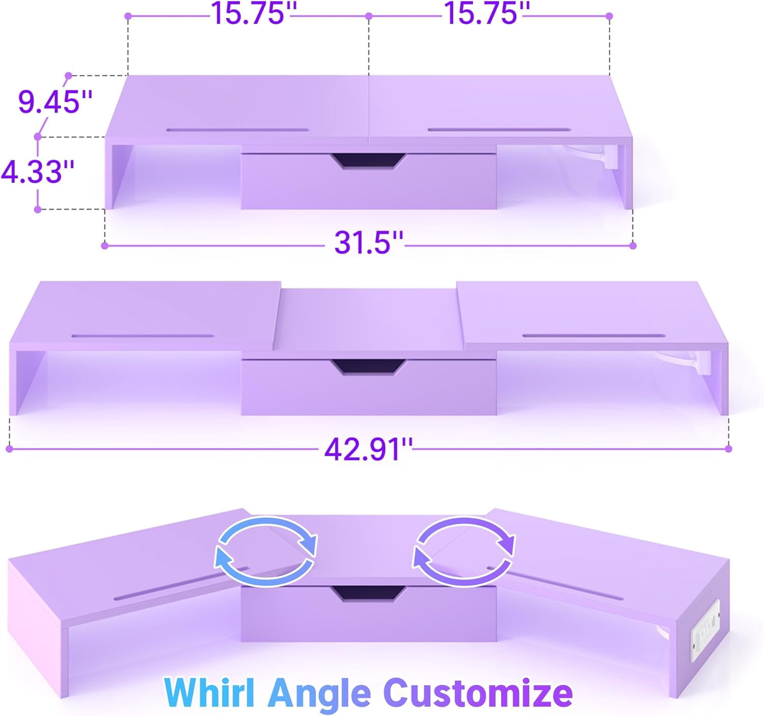 Dual Monitor Stand with USB Ports and Drawer, Adjustable Wood Computer Riser for PC Laptop Desk Organizer in  Pink