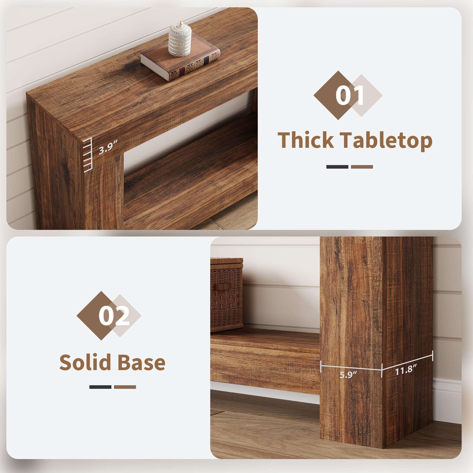 Farmhouse Console Table for Entryway – 2-Tier Wooden Sofa Table with Storage – Long Hallway Table – Dining Room Accent Furniture – Flame Design, 1.2 Meters