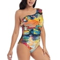 thumbnail image 3 of Rateoe Colorful Fishing Boats Pattern Women One Piece Swimsuits Tummy Control One Shoulder Bathing Suits Ruffle Swimwear-XX-Large, 3 of 6
