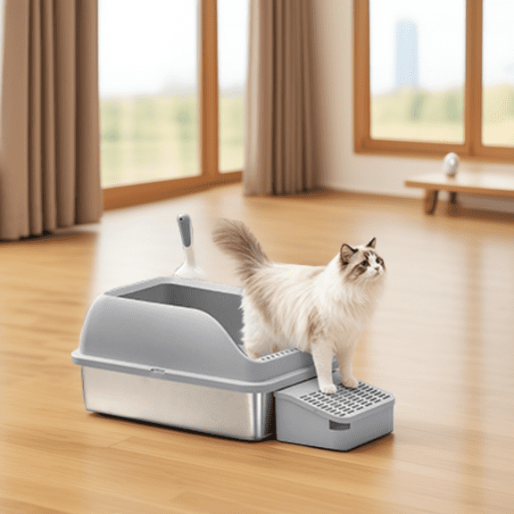 LEDREM Stainless Steel Open Top Cat Litter Box with Step, High-Sided Litter Tray for Cats up to 33 lb, Slate Grey