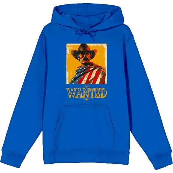 "Wanted" Cowboy With American Flag Adult Blue Long Sleeve Hoodie-XXL