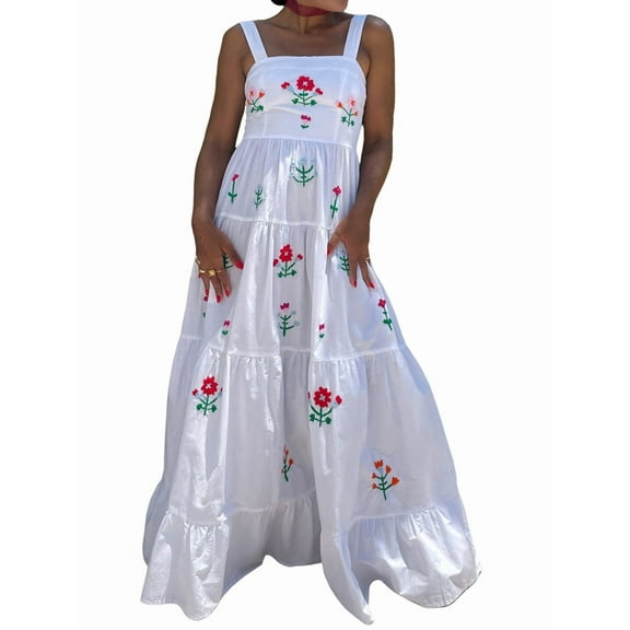 Women Embroidered Maxi Dress Sleeveless Smocked Flowy Sundress Boho Summer Long Dresses Beach Vocation White M