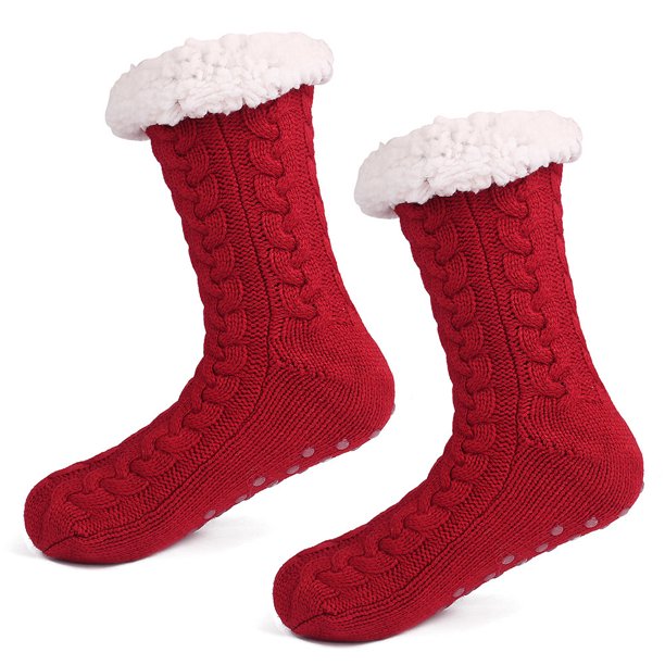 Calcetines Navideños Cálidos Terciopelo Otoño E Invierno Con Dispensador Pegamento Y Calcetines Antideslizantes para El (rojo Vino) (rojo Vino Trenzado)