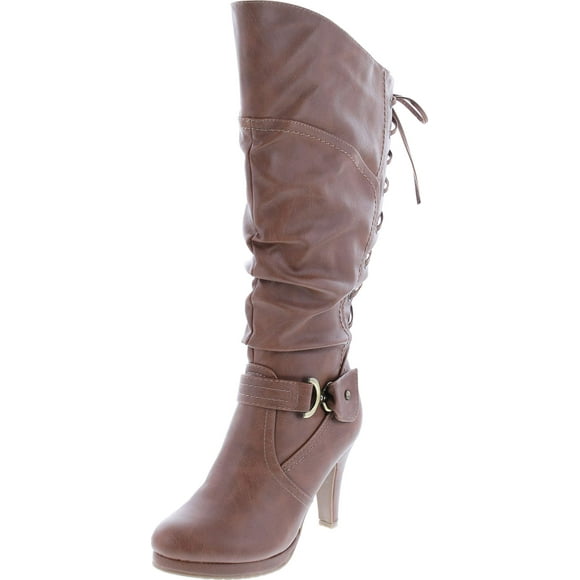 TOP Moda Womens Page-65 Knee High Round Toe Lace-Up Slouched High Heel Boots,Tan,6