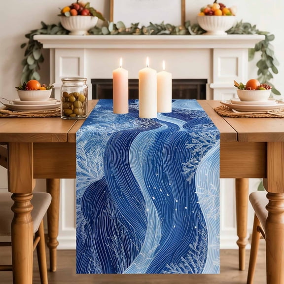 Summer Sea Table Runner, Nautical Coastal Abstract Watercolor Ocean Waves Corals Cotton Linen Kitchen Table Decoration Washable Dining Tabletop Runners for Home Party Decor 13x36 Inches