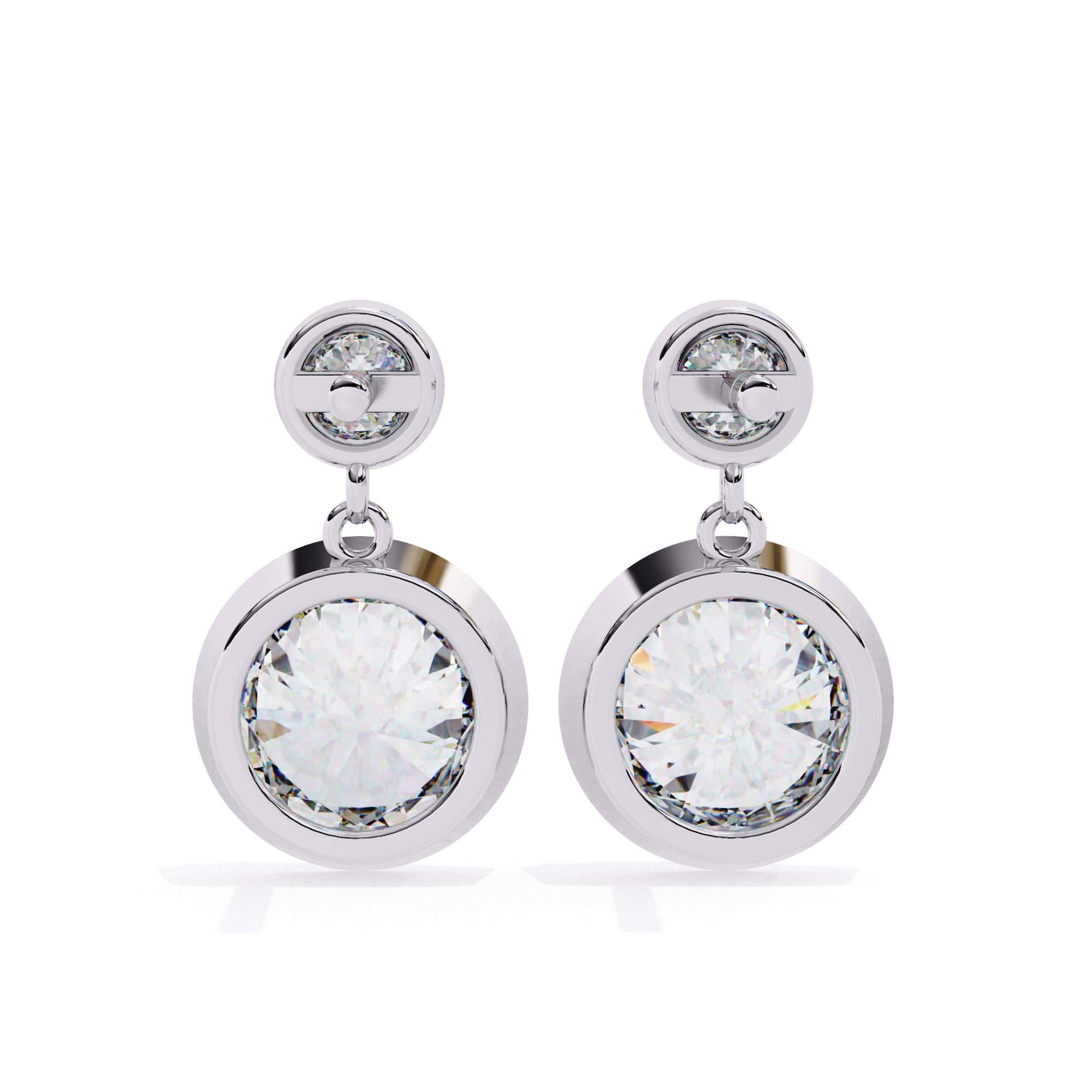 Moissanite Diamond Drop Earrings in Sterling Silver, Round Cut 6mm & 2.7mm Bezel Set with Screw Back