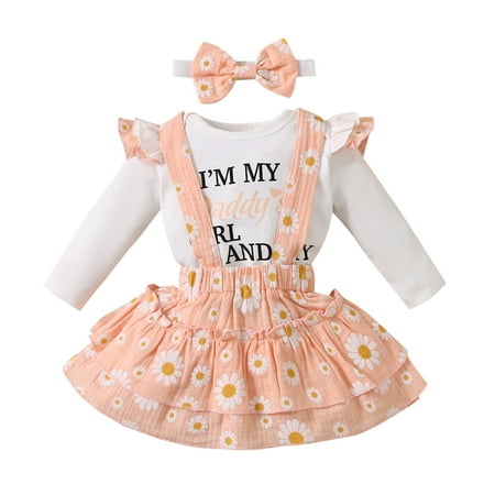 

XINSHIDE Infant Baby Girls Set Letter Romper Bodysuit+Floral Printed Suspender Skirts Outfits Baby Clothing