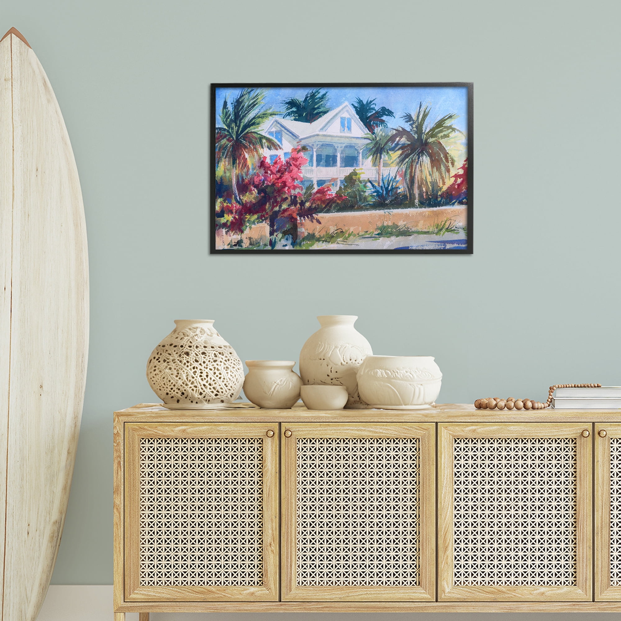 Stupell Industries Palm Tree Cottage Landscape Painting Black Framed Art Print Wall Art, 30 x 20
