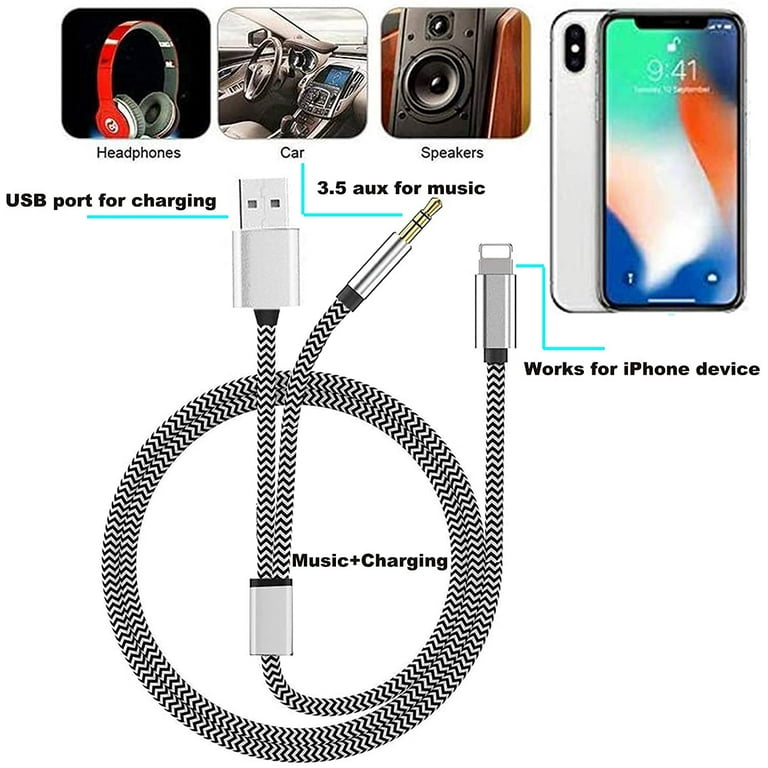 Apple MFi Certified2 in 1 Audio Charging Cable Compatible with iPhone, Lightning to 3.5mm Aux Cord Audio Jack Works with Car Stereo Speaker  Headphone Car Charger Support iPhone 12/11/11 Pro/XS/XR/8/7 