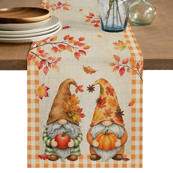 Table Runners 36 Inches Long Dress Scarves, Gnomes Fall Farmhouse Kitchen/Dining Table Decor Table Runner, Short Coffee Tablerunners, Thanksgiving Pumpkin Leaves Rustic Plaid 13x36 Inch