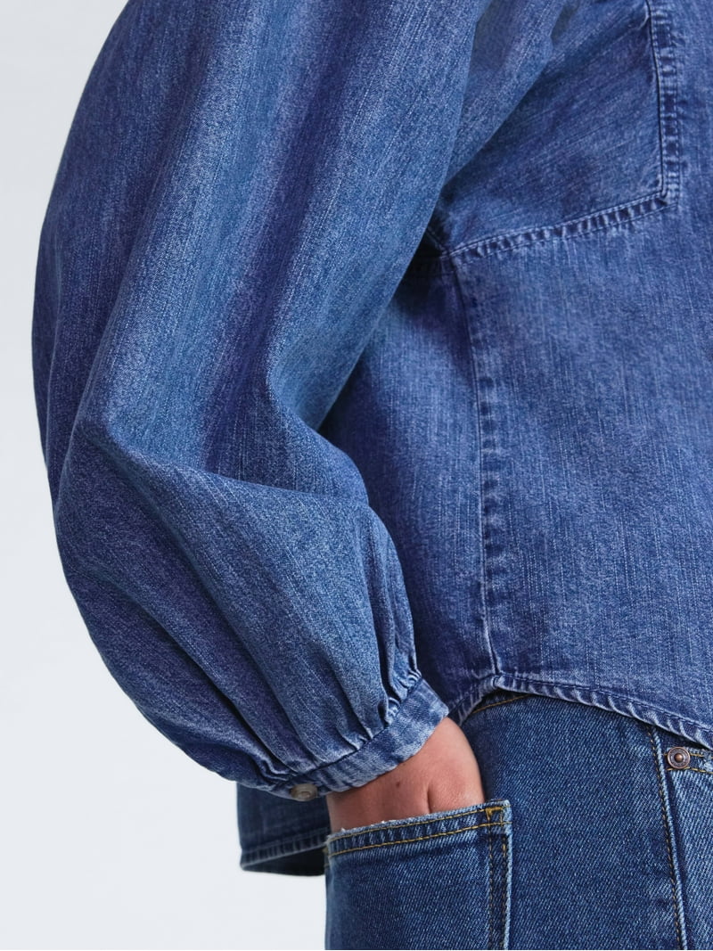 Scoop Women's Cotton Denim Shirt with Blouson Sleeves, Sizes